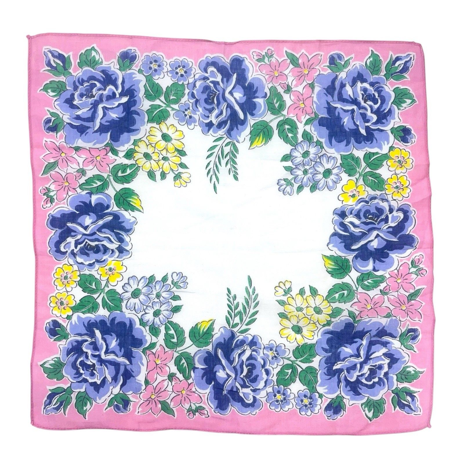 Vintage Floral Blue Rose Multicolor Handkerchief Hankie Pocket Square 12x12